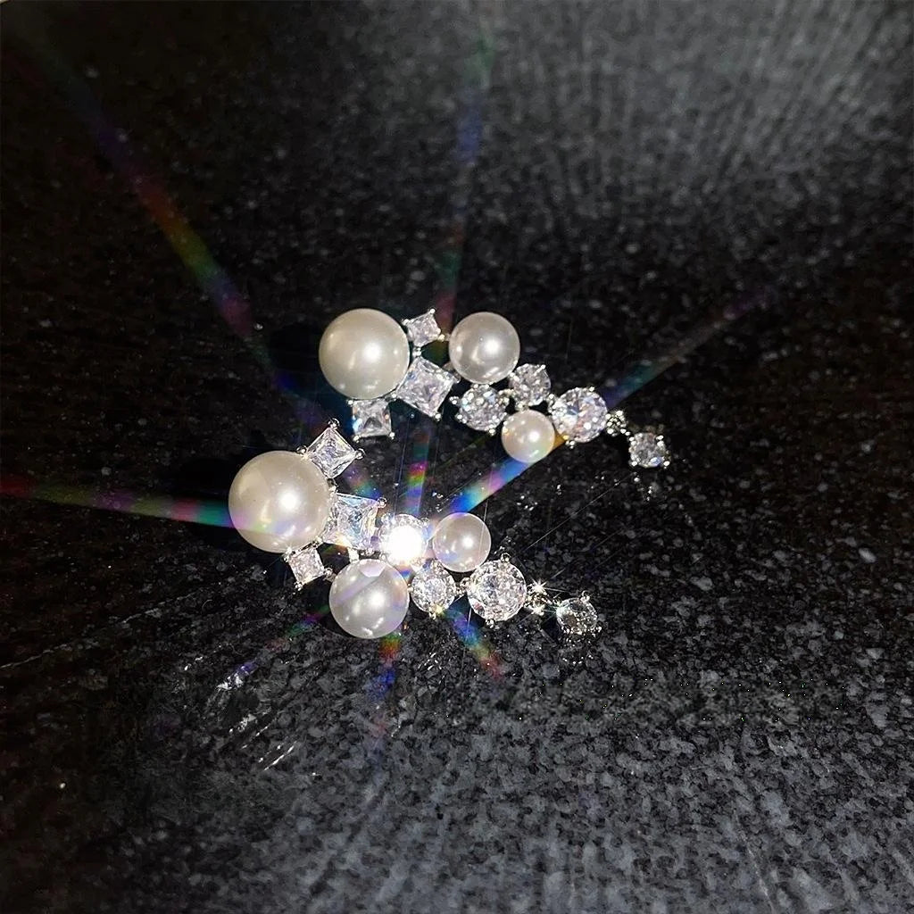 Luxury Copper Star Constellation Pearl Tassel Zircon Stud Earrings