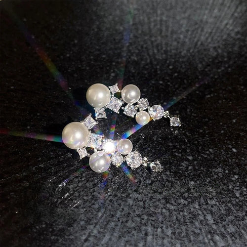 Luxury Copper Star Constellation Pearl Tassel Zircon Stud Earrings