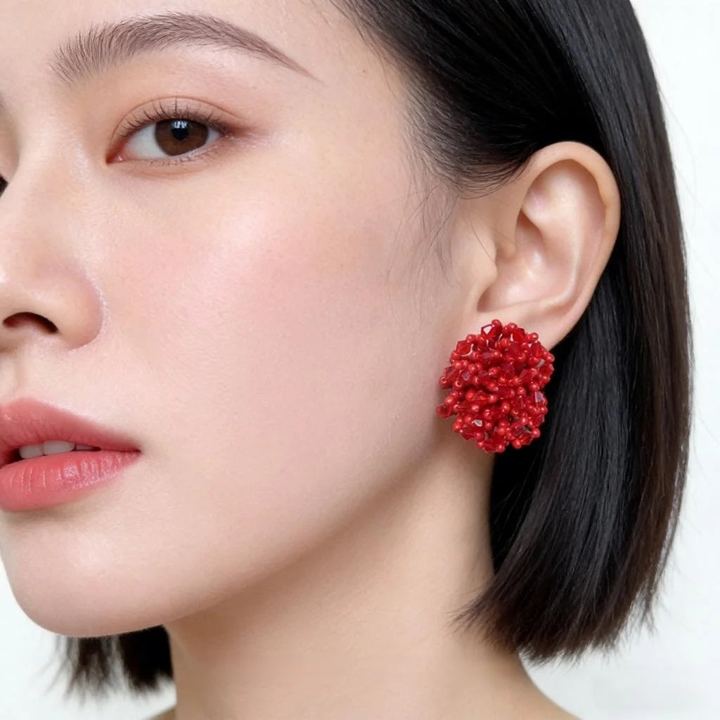 Handwoven Red Glass Crystal Flower Drop Earrings, Copper Seed Bead Designer Luxury Jewelry