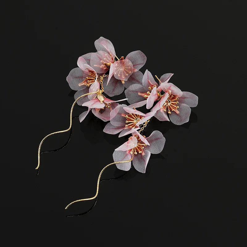 Elegant Pink Flower Alloy Tassel Stud & Clip On No Piercing Luxury Fairy Statement Drop Earrings