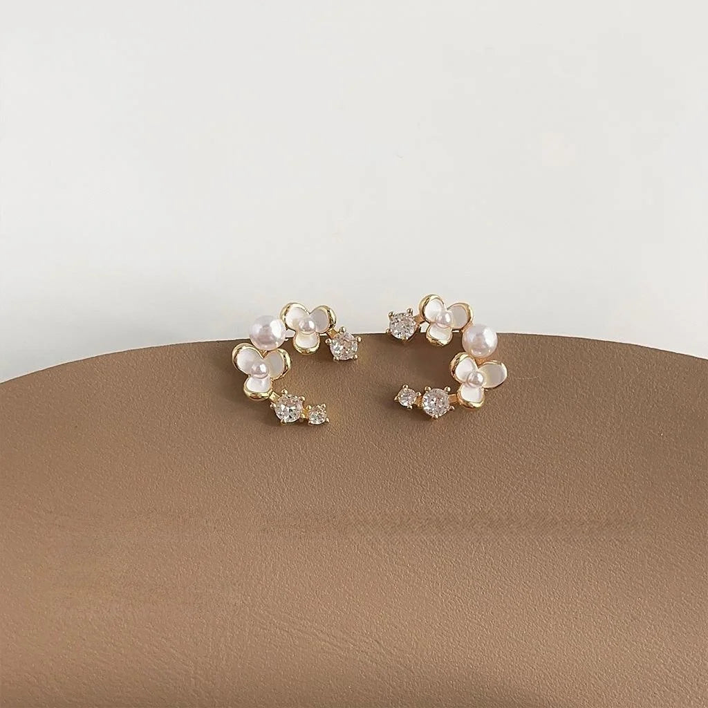14K Gold Plated Copper Zircon Flower Stud Earrings Sweet Floral Jewelry