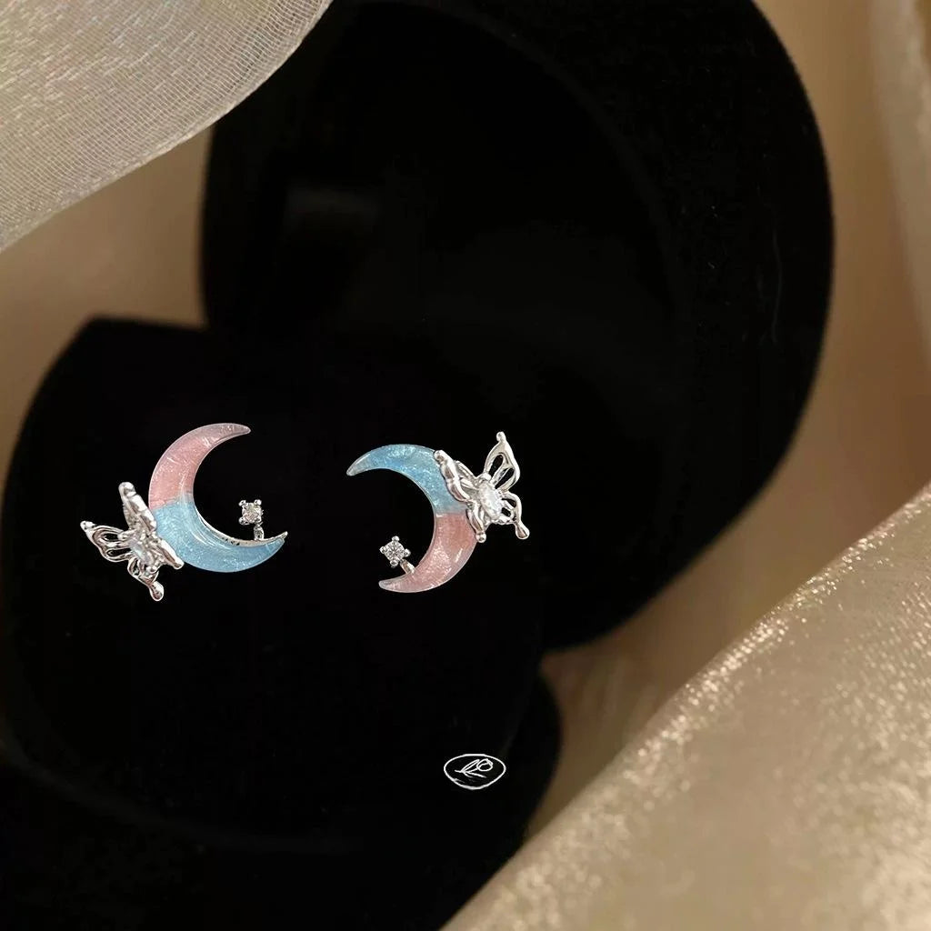 Sweet Cool Copper Moon And Liquid Butterfly Stud Earrings, Niche Designer Trendy Jewelry