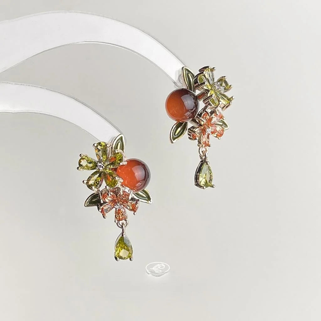 Vintage Floral Persimmon Leaf Drop Earrings With Zircon Resin And Copper Silver-Plated Pins