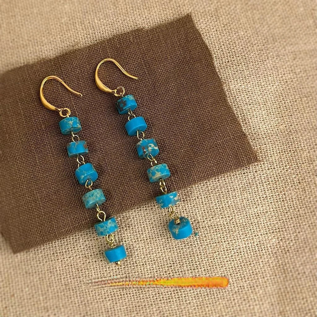Ethnic New Chinese Natural Stone Geometric Ring Tassel Drop Earrings Handmade Long Dangle Jewelry