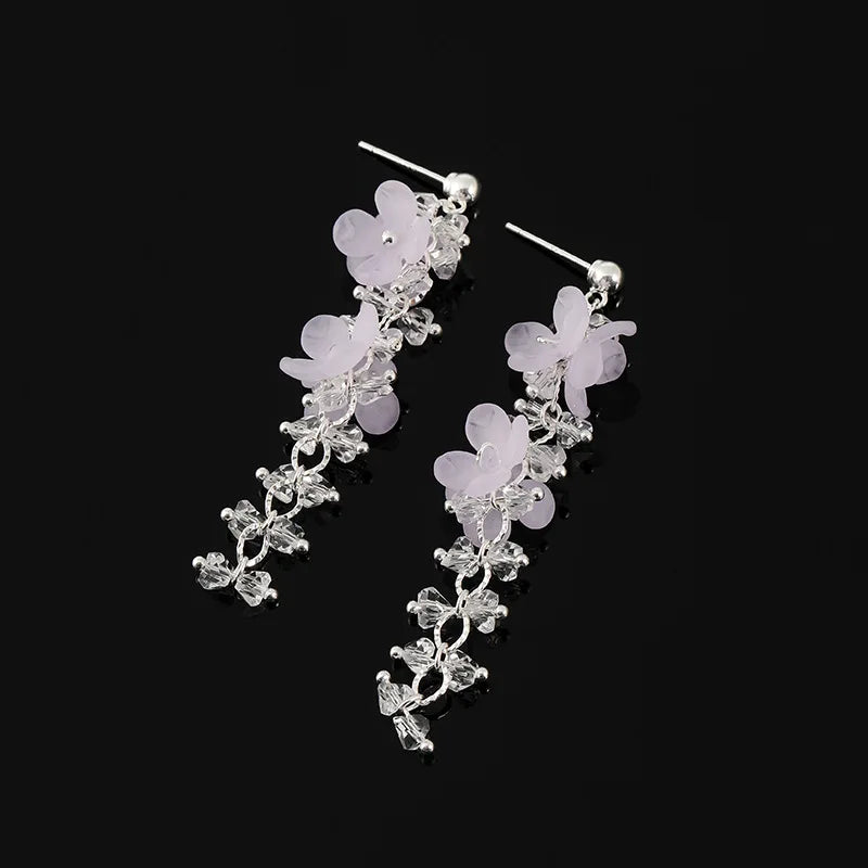 Elegant Light Purple Flower Crystal Long Tassel Stud & Clip On No Piercing Silver Alloy Earrings