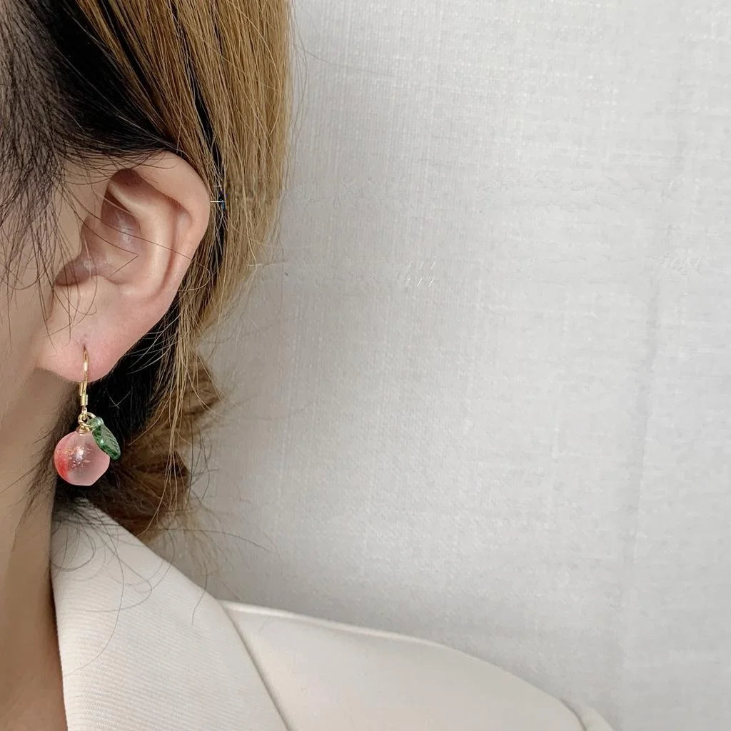Pink Glazed Glass Peach Drop Earrings With Silver Plated Pins, Handmade Sweet Cute Jewelry