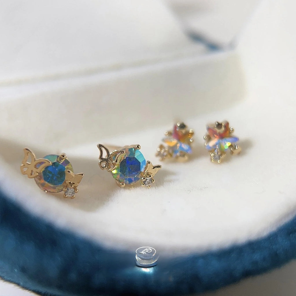Sweet Iridescent Glass Butterfly Stud Earrings Copper Zircon Hollow Star Mini Jewelry