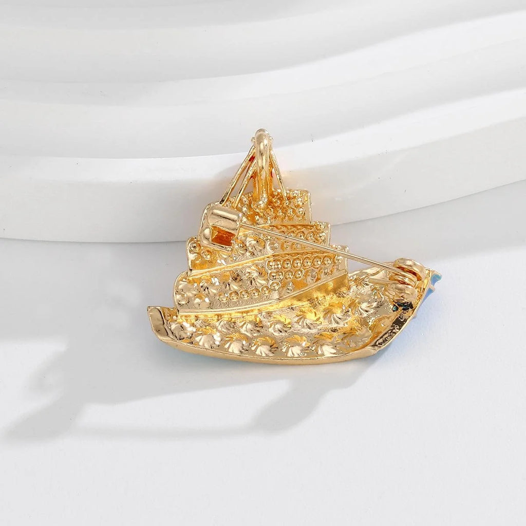 Luxury Cruise Ship Enamel Rhinestone Brooch Elegant Alloy Lapel Pin Corsage For Suit Coat Gift