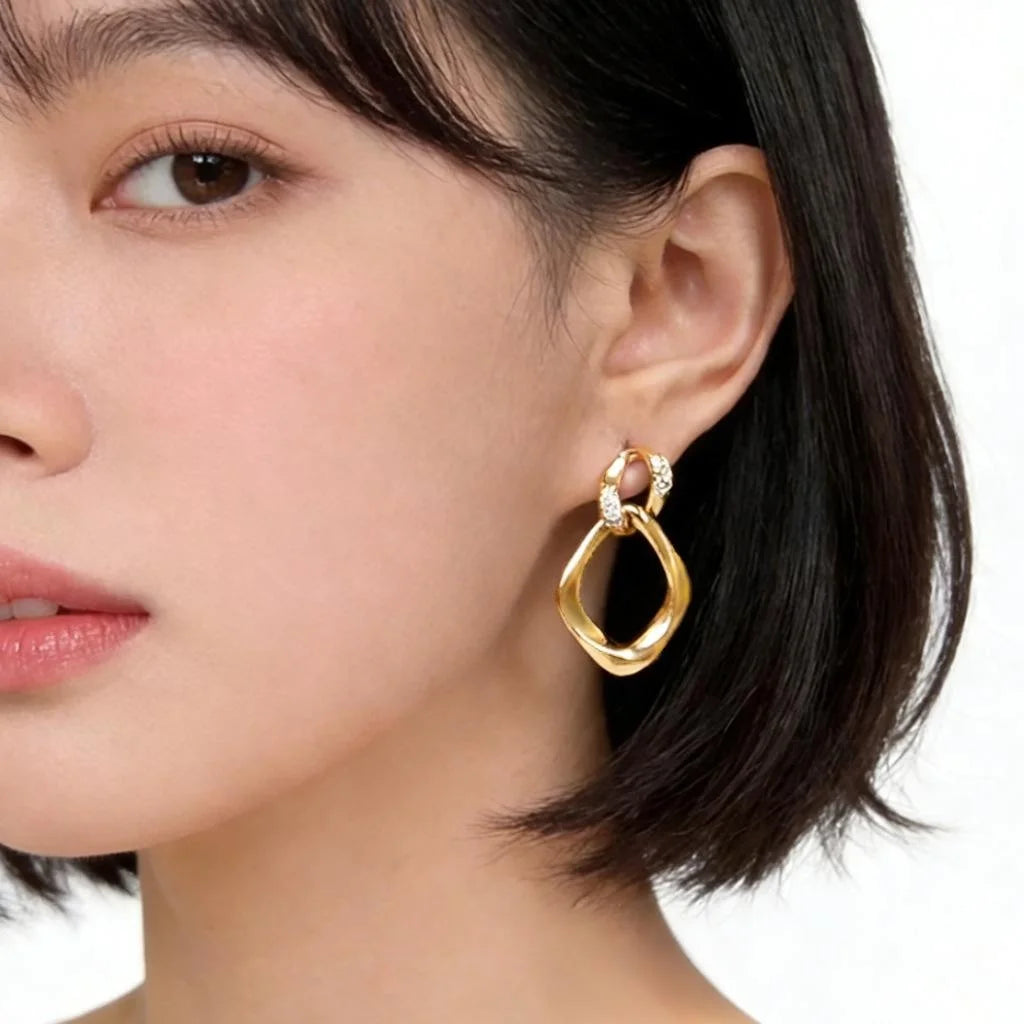 Old Money Copper Zircon Micro Pave Double Layer Geometric Hollow Drop Earrings