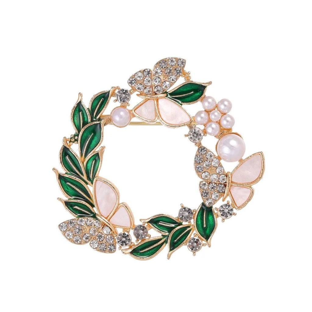 Elegant Green Enamel Leaf Wreath Butterfly Brooch With Rhinestones And Faux Mother Of Pearl Lapel Pin Gift