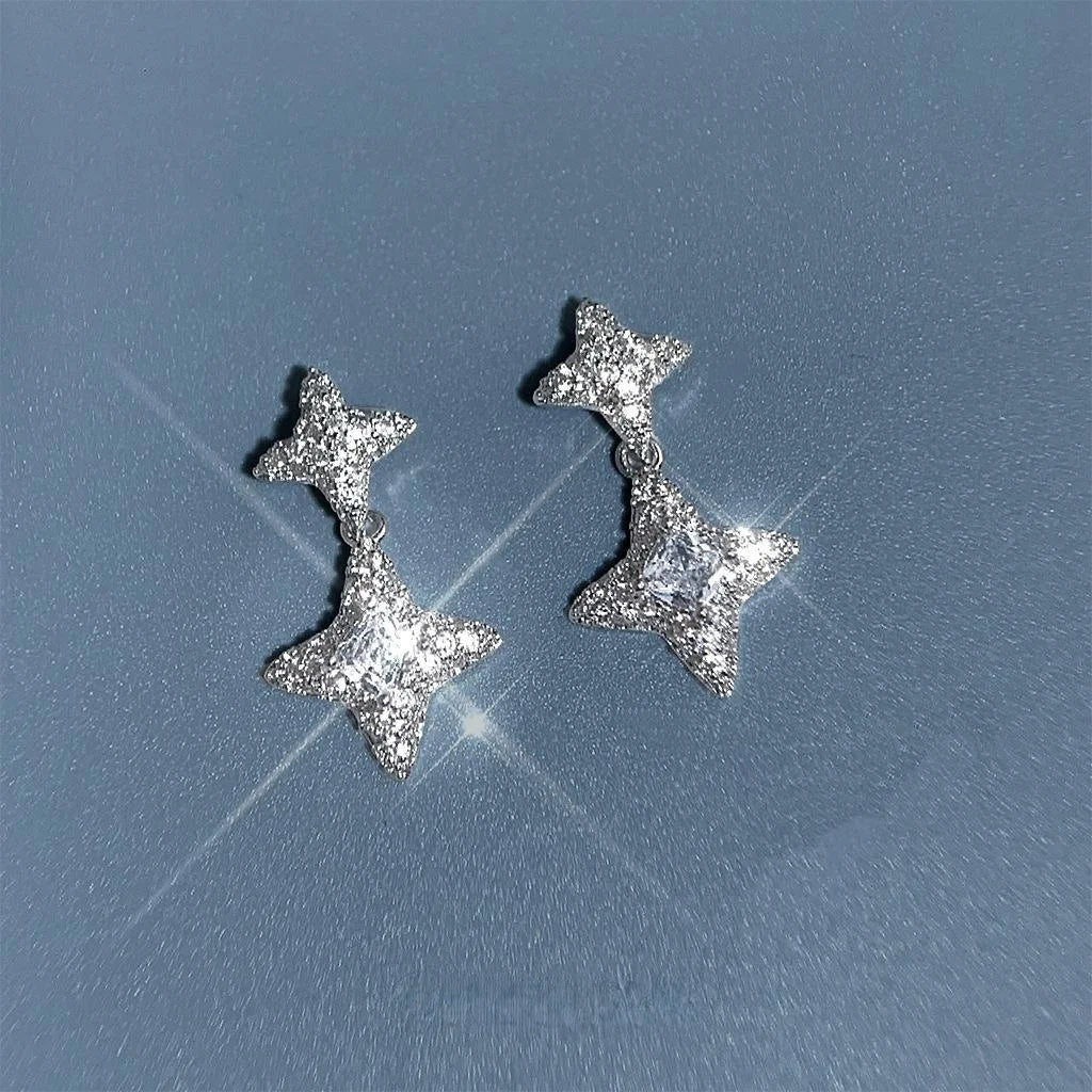 Eco-Friendly Copper Zircon Six-Point Star Tassel Drop Earrings Light Luxury Geometric Jewelry