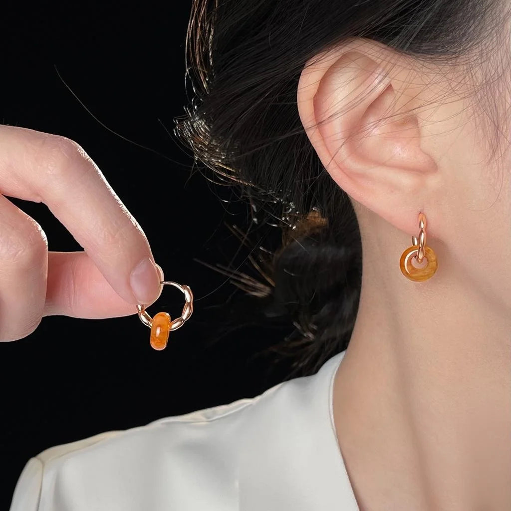 Rose Gold Plated Copper Natural Stone Stud Earrings French Vintage Round Tiger Eye Red Agate