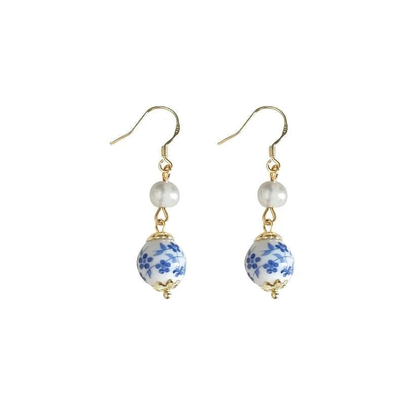 Vintage Chinese Style Ceramic Blue And White Pearl Waterdrop Drop Earrings With Silver Plated Pins