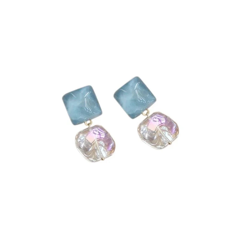 Ice Blue Ocean Glass Glazed Square Geometric Stud Earrings Minimalist Fashion Jewelry