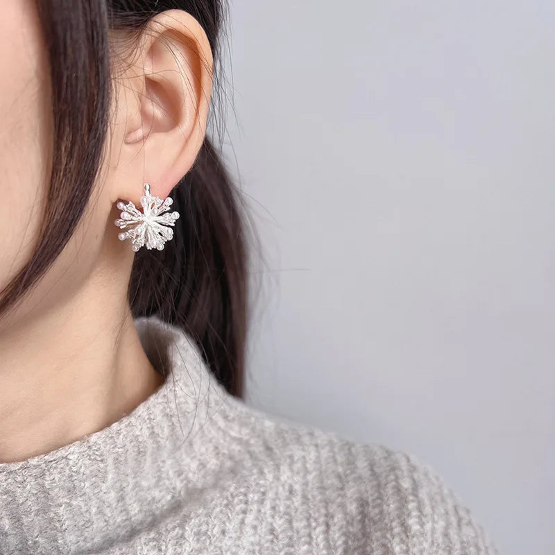 Elegant Silver Alloy Zircon Pearl Firework Stud & Clip On No Piercing Metal Ball Burst Earrings