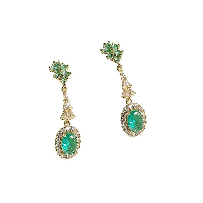Vintage 14K Gold Plated Copper Green Zircon Teardrop Tassel Drop Earrings