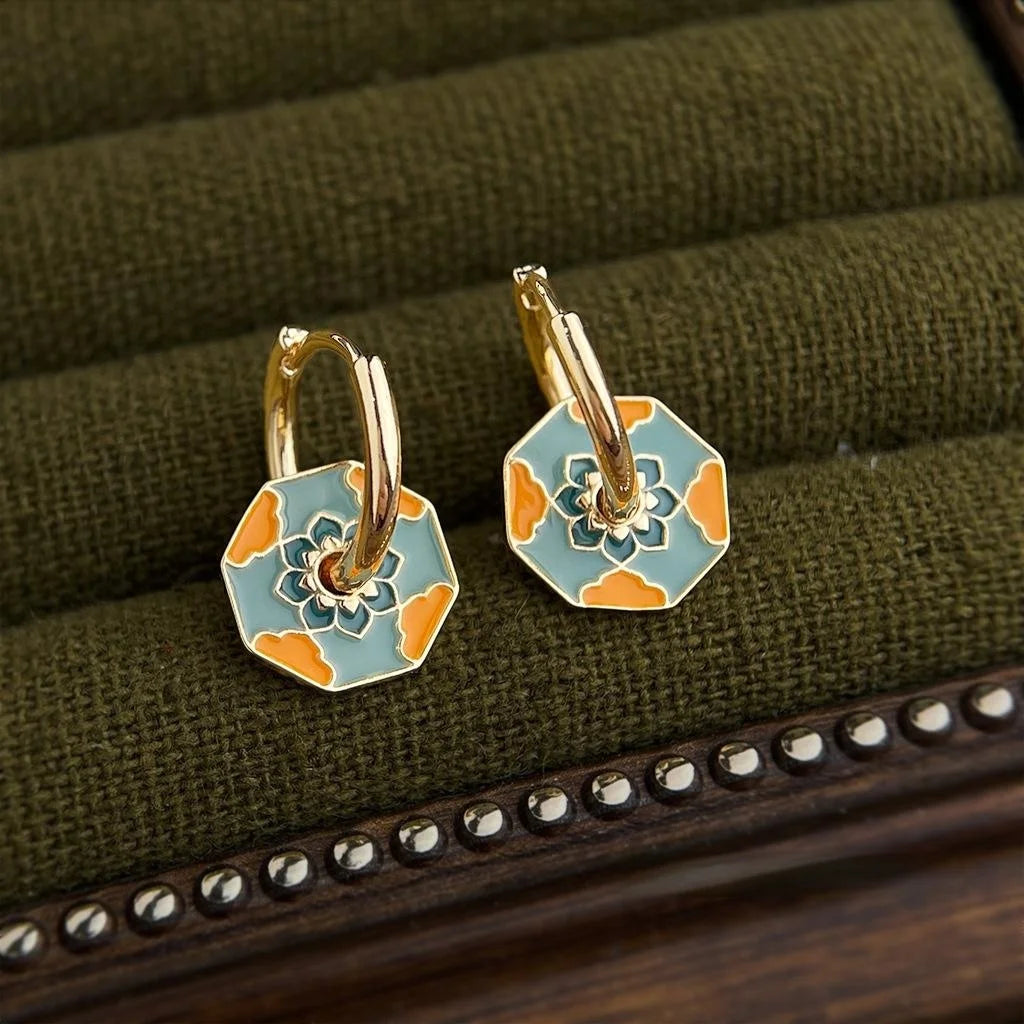 Premium Hand Painted Enamel Copper Geometric Square Flower Petal Drop Earrings For Women