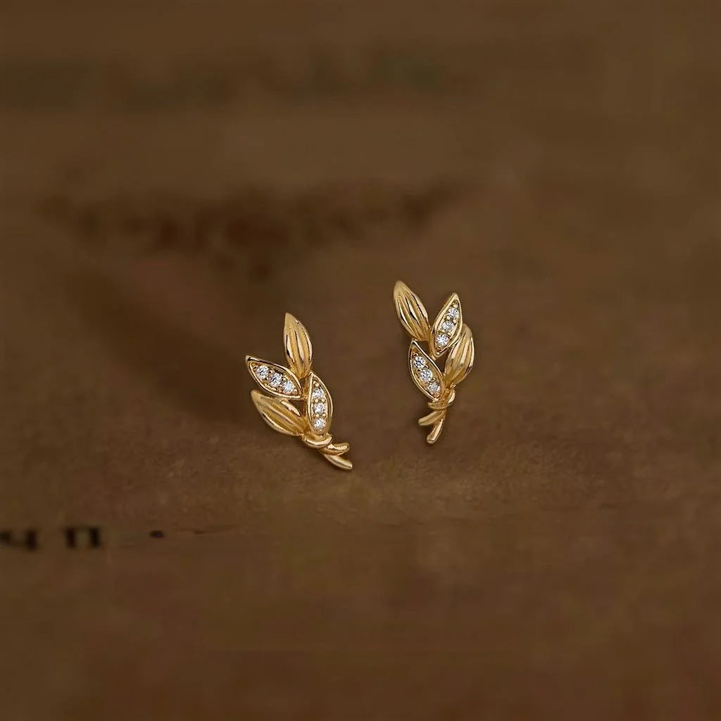 Simple Copper Zircon Wheat Ear Leaf Stud Earrings, Micro Pave Dainty Gift Jewelry