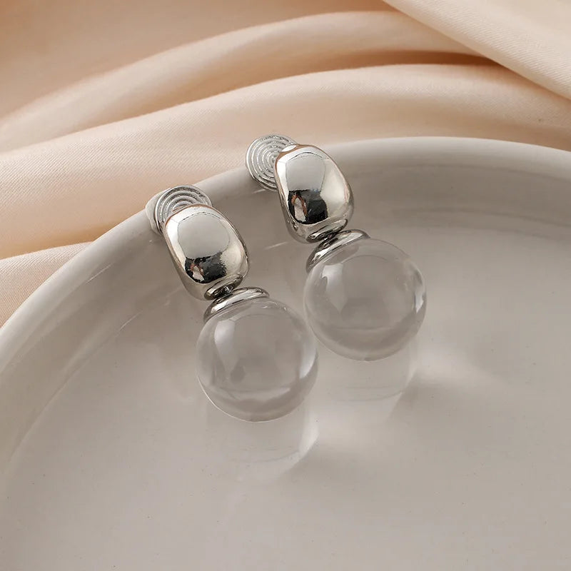 Elegant Large Smoky Crystal Ball Dangle Stud & Clip On No Piercing Silver Alloy Drop Earrings