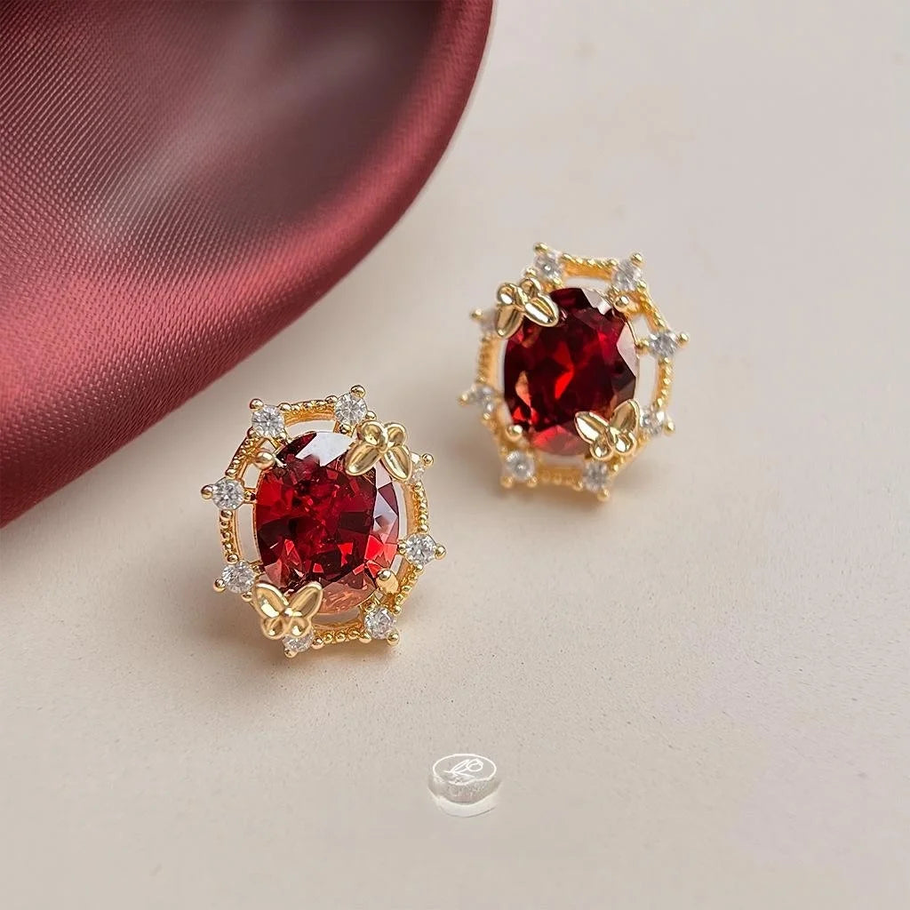 Vintage Burgundy Zircon 14K Plated Copper Oval 3D Butterfly Stud Earrings