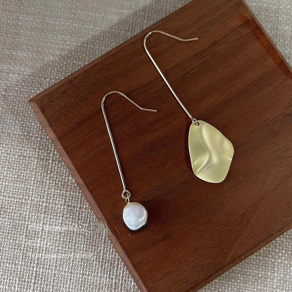 14K Gold Plated Asymmetric Baroque Freshwater Pearl Teardrop Drop Earrings