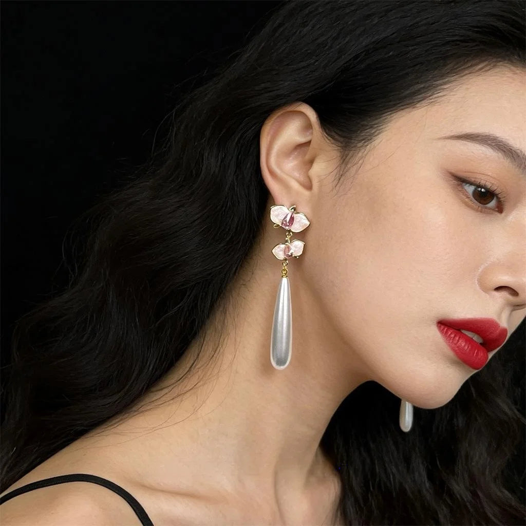 Fairy Style Copper Pink Orchid Pearl Waterdrop Zircon Enamel Tassel Drop Earrings