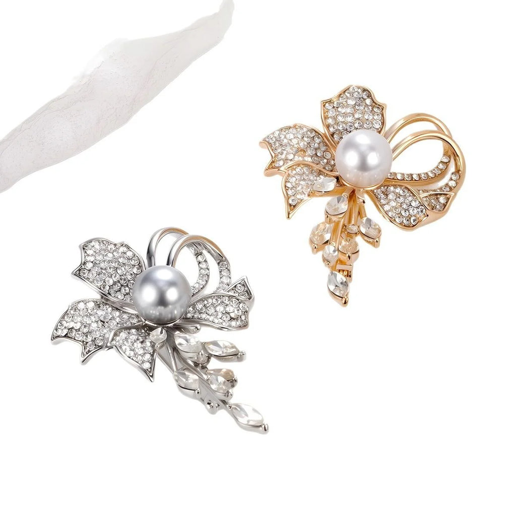 Elegant Rhinestone Flower Brooch With Faux Pearl Center, Silver Alloy Lapel Pin Corsage For Women Gift