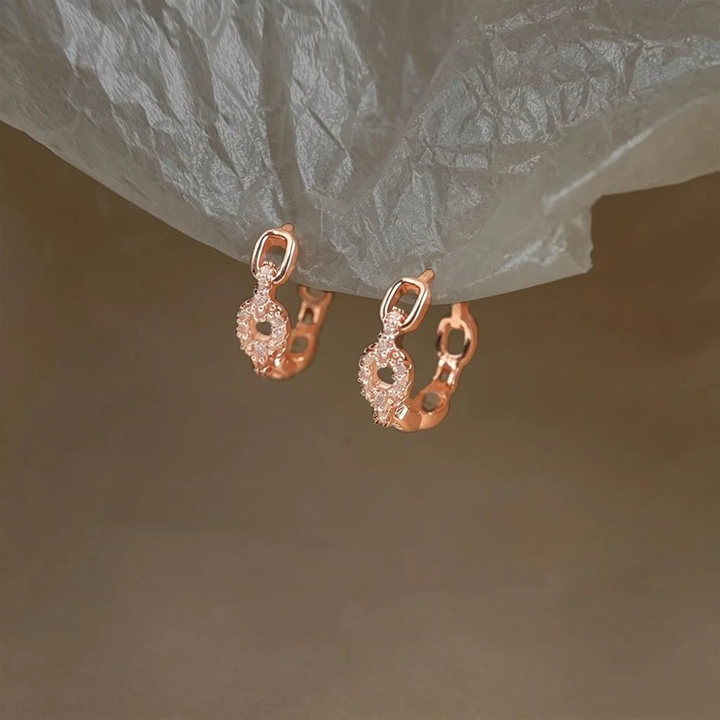 Rose Gold Plated Copper Geometric Circle Chain Drop Earrings With Micro Pave Zircon Luxury Style