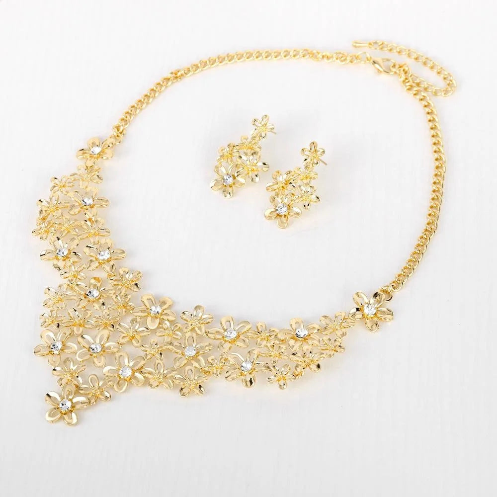 Elegant Gold Alloy Floral Rhinestone Necklace Earrings Jewelry Set For Wedding Party Banquet Gift
