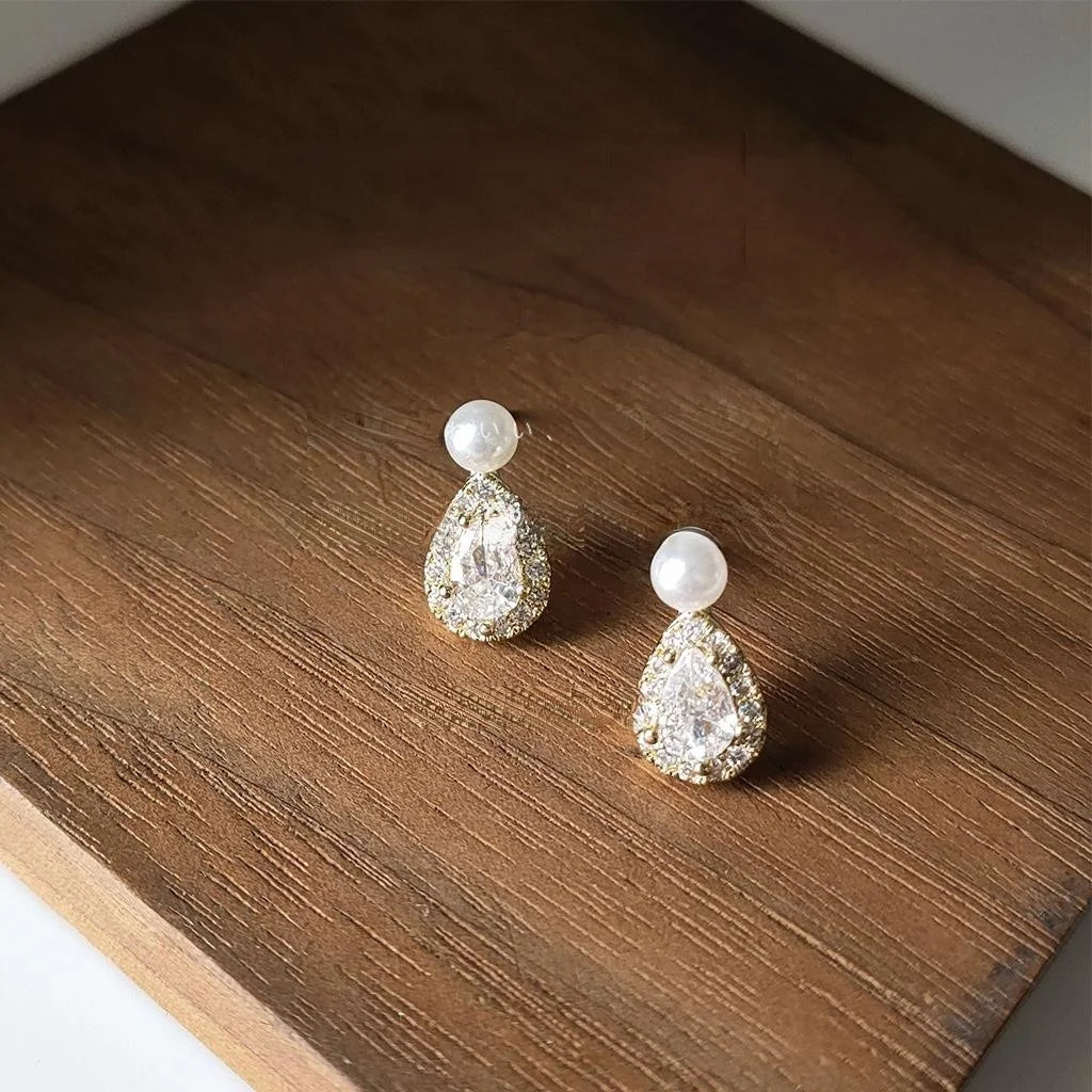 Mini 14K Gold Plated Copper Teardrop Stud Earrings With Micro Pave Zircon For Women