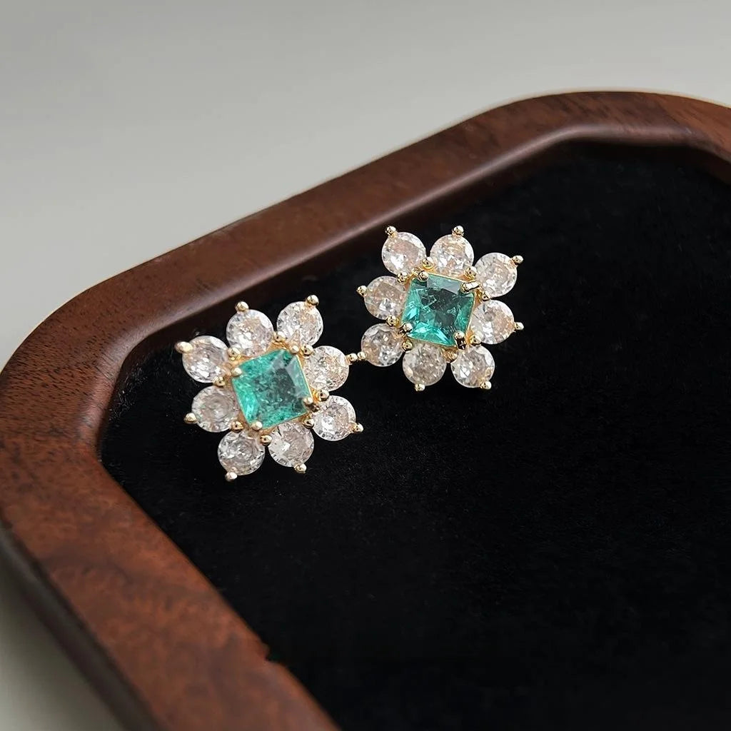 Ice Blue Zircon Flower Stud Earrings Copper Silver Plated Light Luxury Ear Jewelry