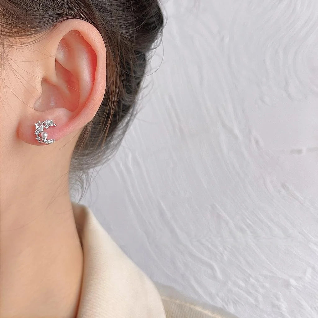 Sparkling Micro Pave Zircon Moon Stud Earrings, Silver Plated Copper Minimalist Jewelry