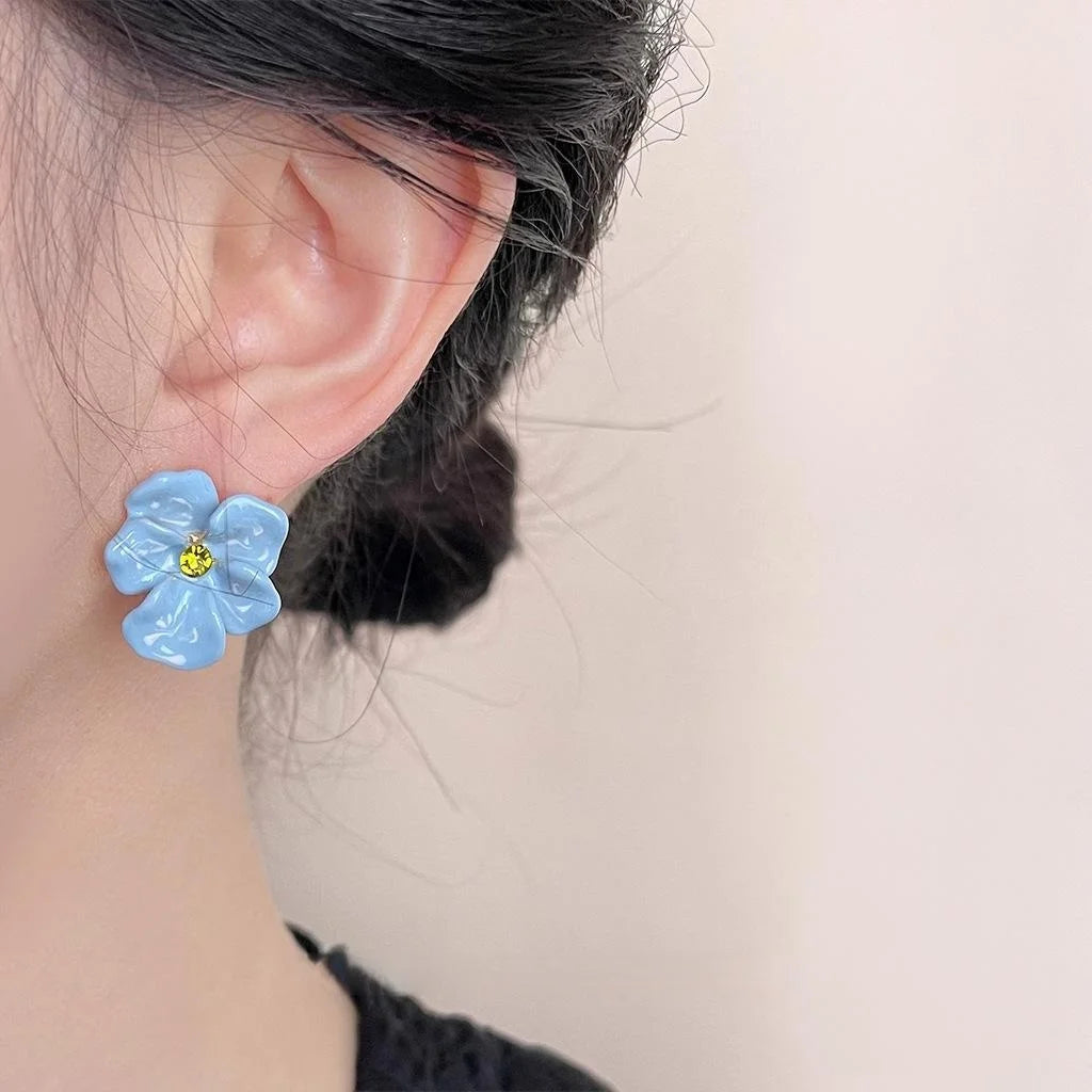 Vintage Enamel Orchid Flower Stud Earrings Gold Plated Copper Artsy Fresh Jewelry