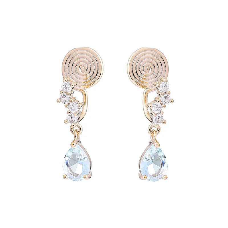 Elegant Blue Teardrop Zircon Gold Tone Alloy Spiral Stud & Clip On No Piercing Dangle Earrings