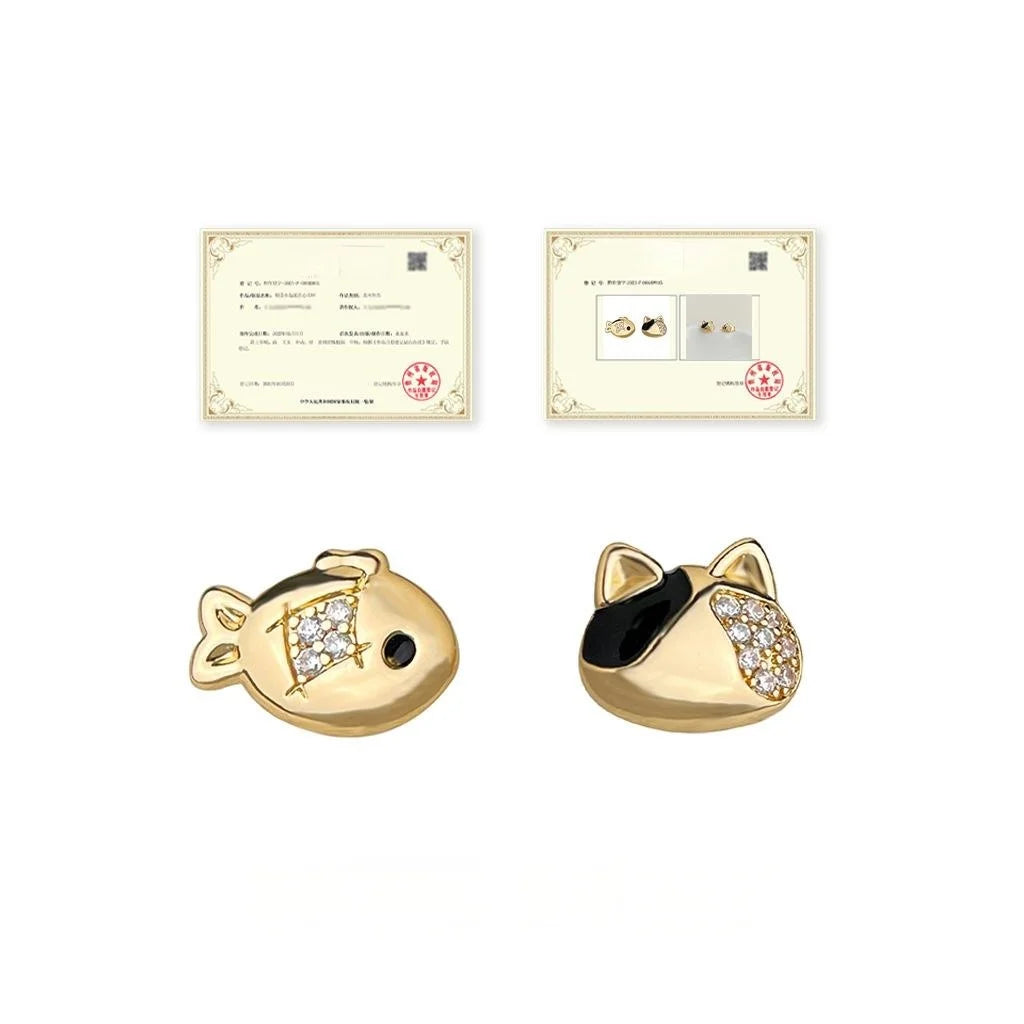 Asymmetric Micro Pave Zircon 14K Plated Goldfish Cat Stud Earrings