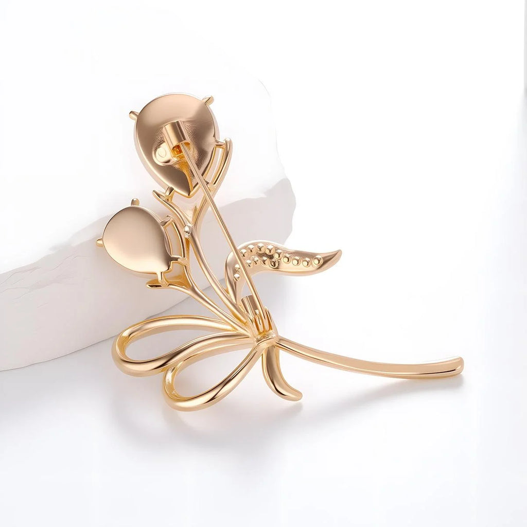Elegant Tulip Flower Brooch With Cat Eye Stone And Rhinestone Rose Gold Alloy Lapel Pin Corsage Gift