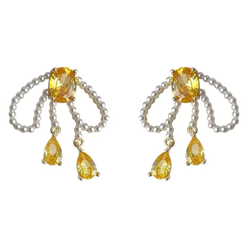 14K Gold Plated Copper Zircon Inlaid Pearl Bow Drop Earrings Vintage Minimalist Style