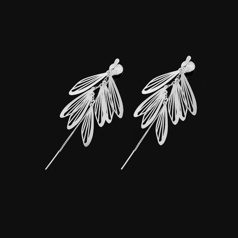 Elegant Silver Alloy Wing Feather Tassel Threader Stud & Clip On No Piercing Long Face Slimming Earrings