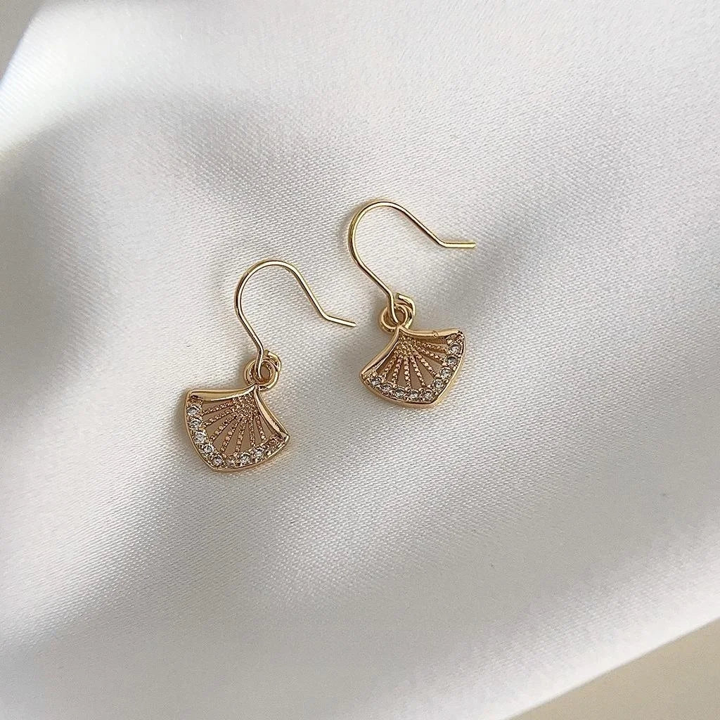 18K Gold Plated Copper Micro Pave Zircon Ginkgo Leaf Mini Drop Earrings For Women