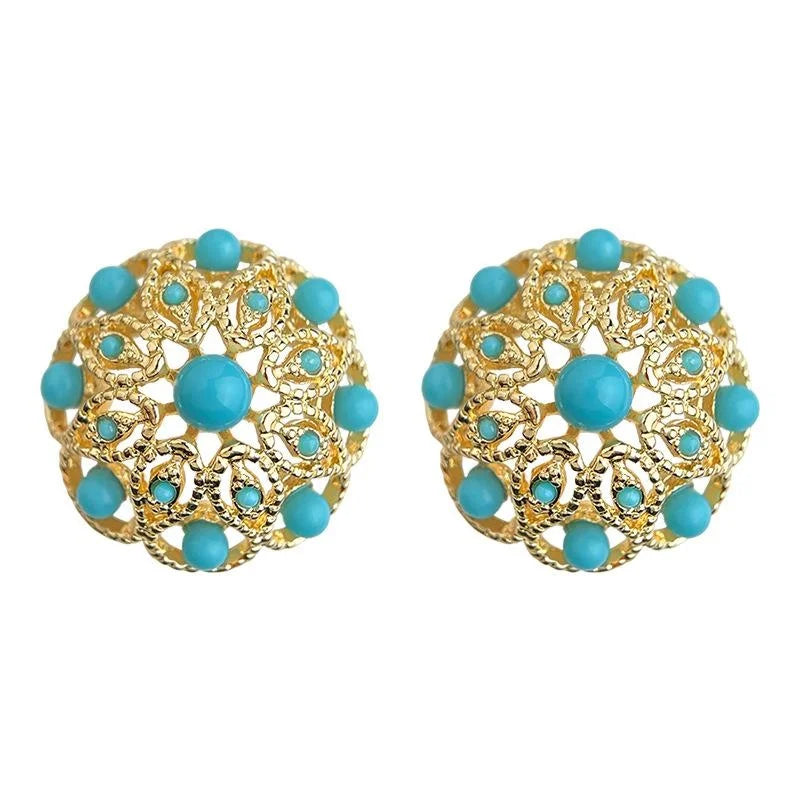 French Vintage Round Geometric Synthetic Turquoise Drop Earrings Heavy Craft Jewelry