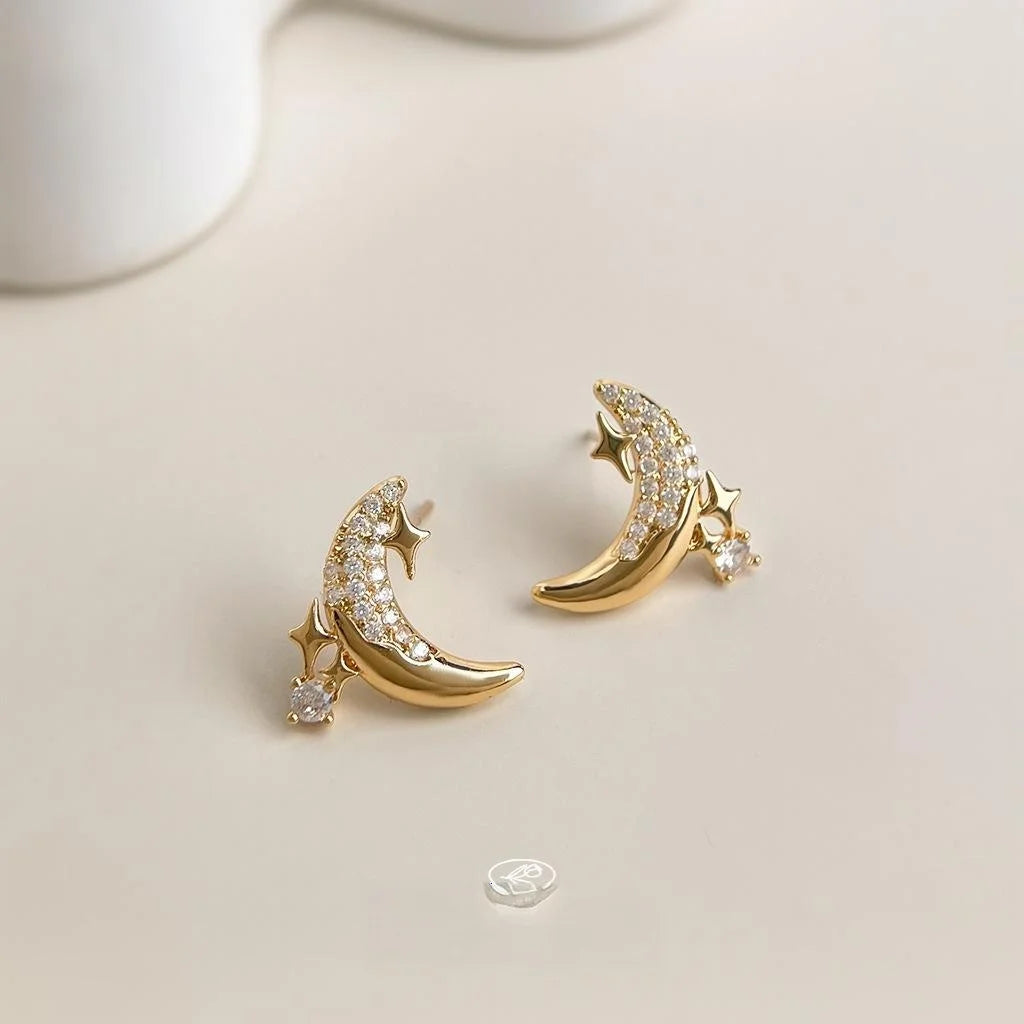 14K Plated Copper Moon Star Zircon Stud Earrings, Fashion Commuter Jewelry