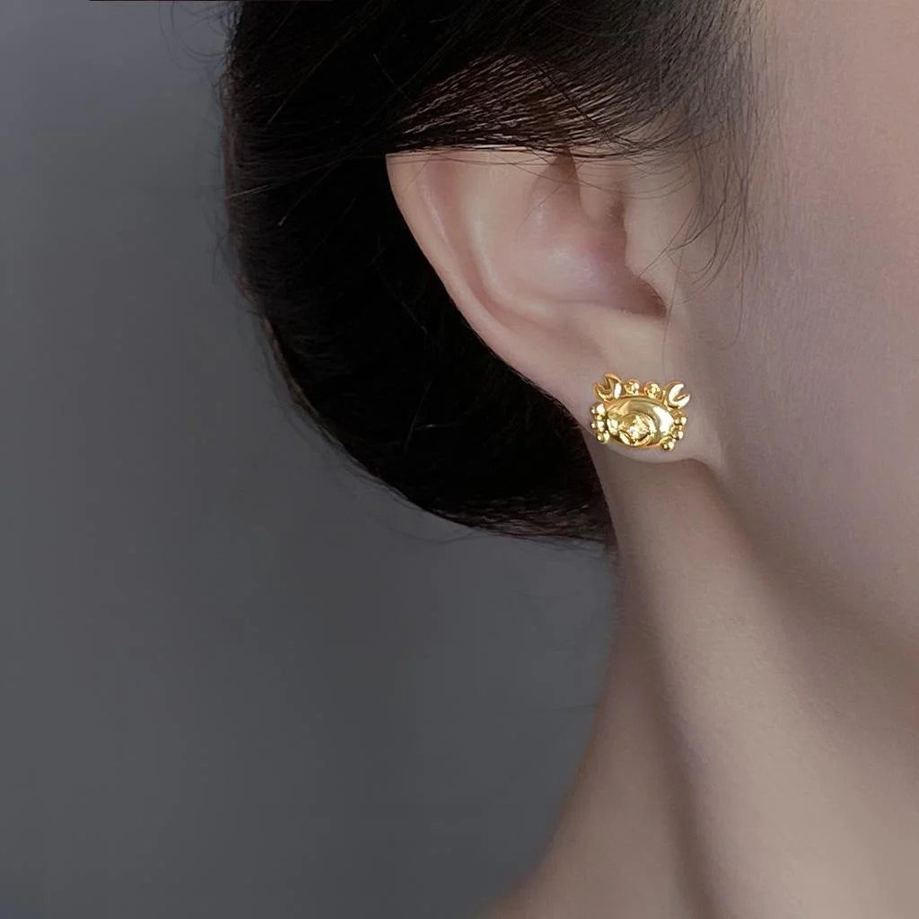 14K Gold Plated Copper Crab Stud Earrings With Micro Pave Zircon, Premium Minimalist Style
