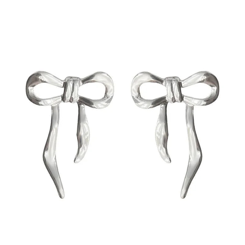 Sweet Ballet Bow Ribbon Stud Earrings Smooth Metal Copper For Women