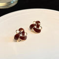 Vintage Wine Red Geometric Triangle Hollow Enamel 14K Plated Copper Stud Earrings
