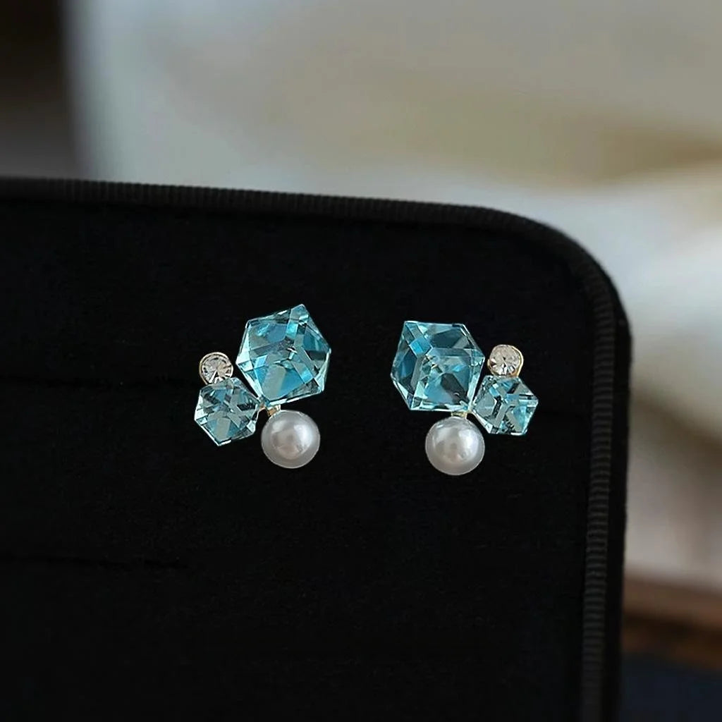 K9 Aquamarine Glass Crystal Sugar Cube Geometric Stud Earrings Fresh Sweet Commuter Style