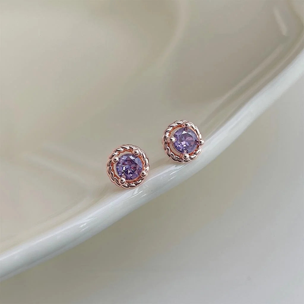 Mini Micro Pave Purple Zircon Round Geometric Rose Gold Plated Copper Stud Earrings