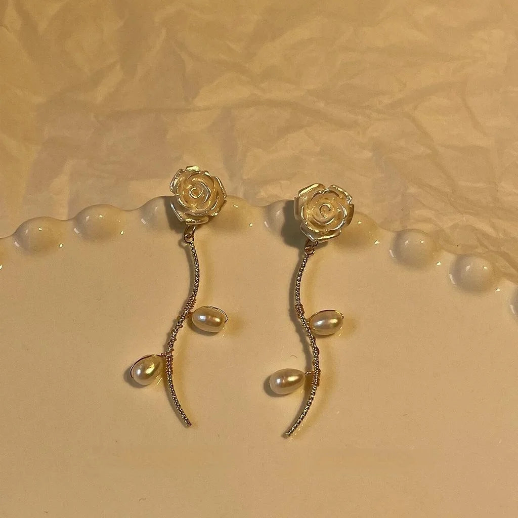 Sweet Floral Freshwater Pearl 14K Plated Copper Tassel Stud Earrings For Women