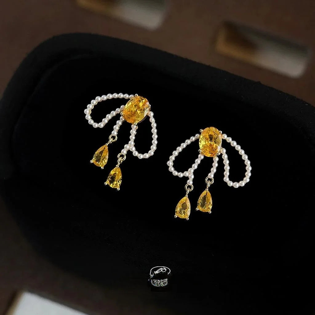14K Gold Plated Copper Zircon Inlaid Pearl Bow Drop Earrings Vintage Minimalist Style