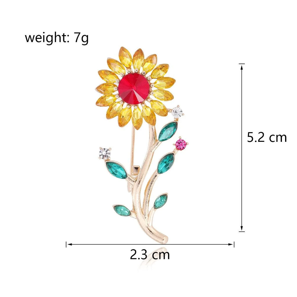 Elegant Sunflower Rhinestone Alloy Brooch With Crystal Leaves, Women's Lapel Pin Corsage Gift