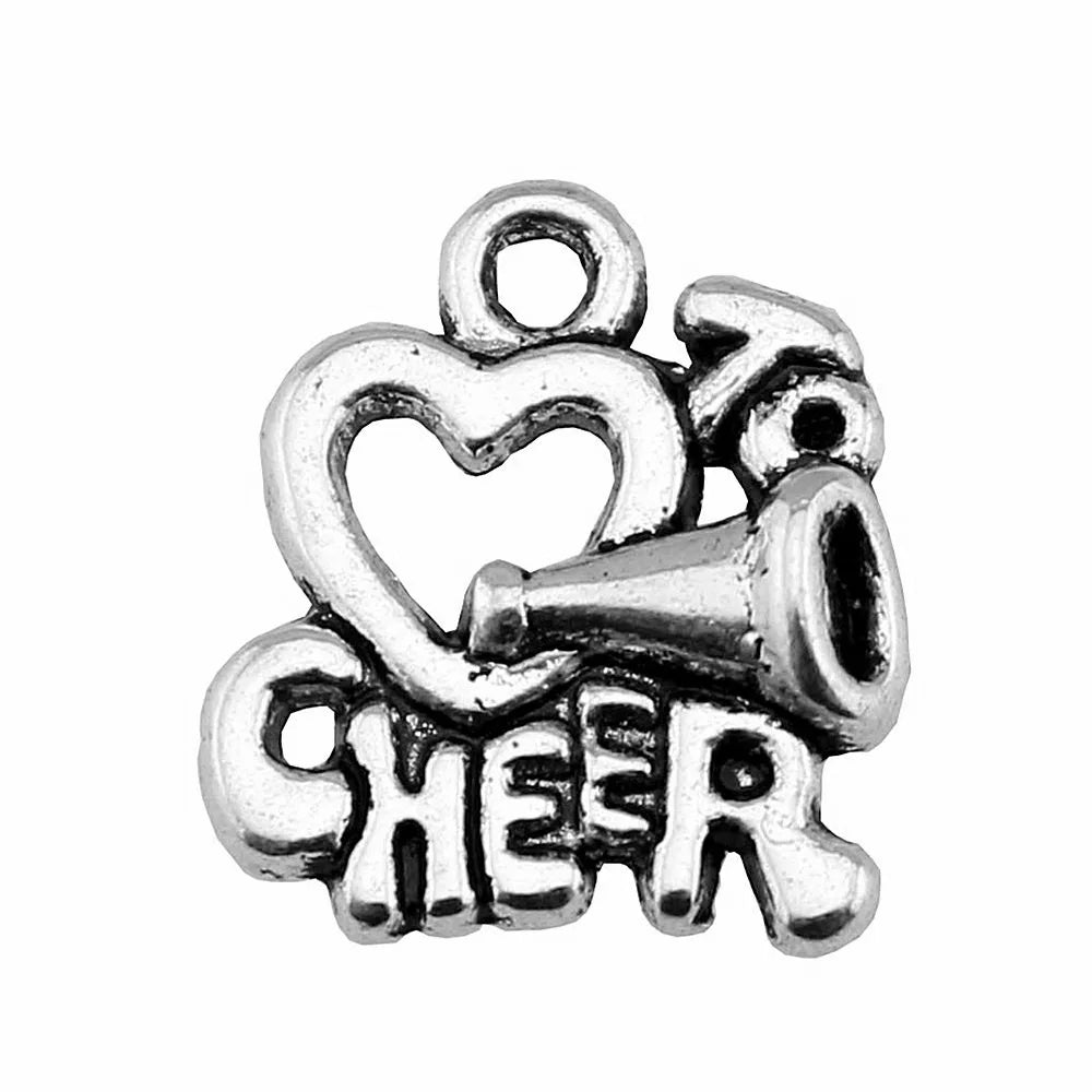17x16mm 1.8g Antique Silver Zinc Alloy I Heart To Cheer Charm Pendant for DIY Sports Jewelry Making